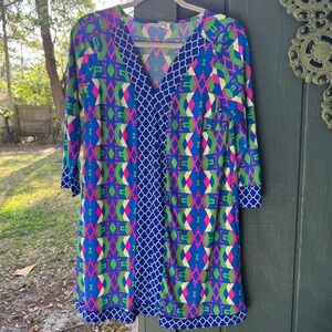 Peach Love California boho mini Dress 
Blue, Pink, Green Geometric Print Sz S